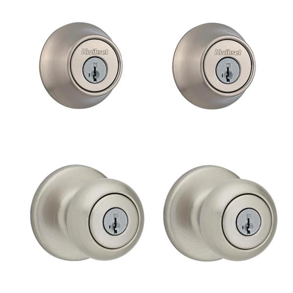 Cove Satin Nickel Keyed Entry Door Knob and Single Cylinder Deadbolt Project Pack featuring SmartKey and Microban (92420-059) Cove Satin Nickel Keyed Entry Door Knob and Single Cylinder Deadbolt Project Pack featuring SmartKey and Microban (92420-059)
